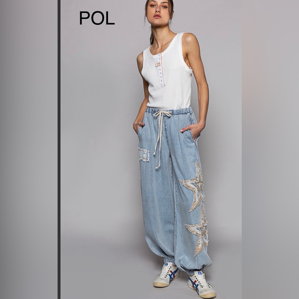 BPB219-1๐๐คPOL Light Blue denim joggers wStar Embellishment! perfect day2date! - Picture 4 of 7